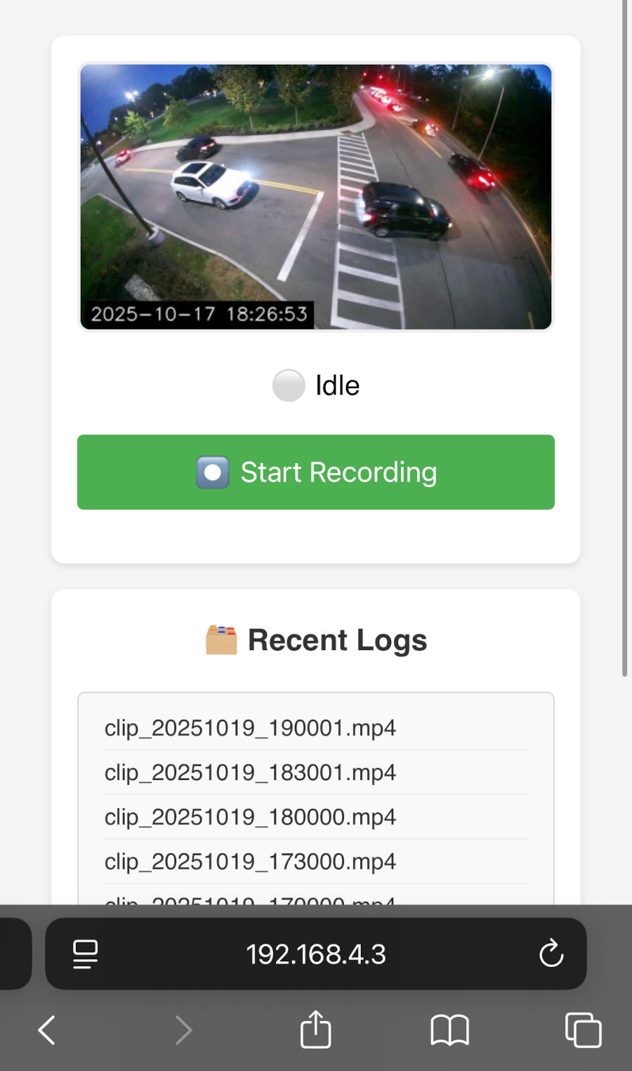 Web-based user interface displayed on a mobile device showing camera status and controls
