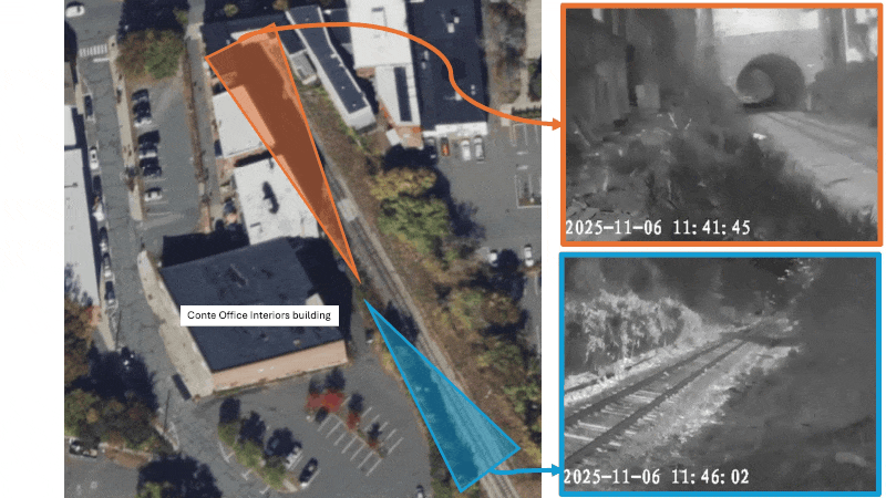 Thermal camera imagery captured at railroad deployment sites in Greenfield, Massachusetts.