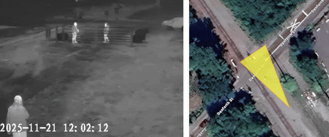 Thermal camera imagery captured at railroad deployment sites in Taunton, Massachusetts, with an overlaid map indicating the approximate camera field of view.